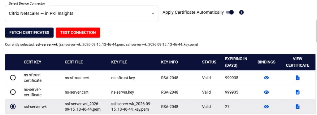 PKI Insights NetScaler scan target listing certificate-key pairs fetched from the appliance with their certificate files, expiry and virtual server bindings