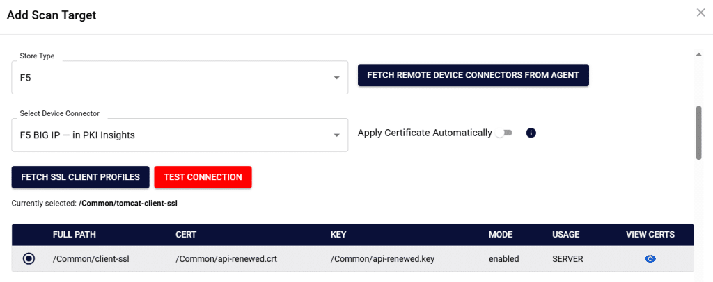 PKI Insights F5 scan target showing client-SSL profiles fetched from a BIG-IP appliance with their bound certificate and key