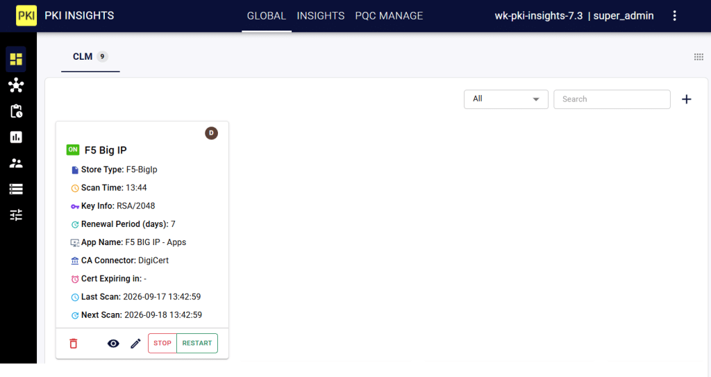 PKI Insights CLM dashboard showing F5 certificate renewal status and alerts